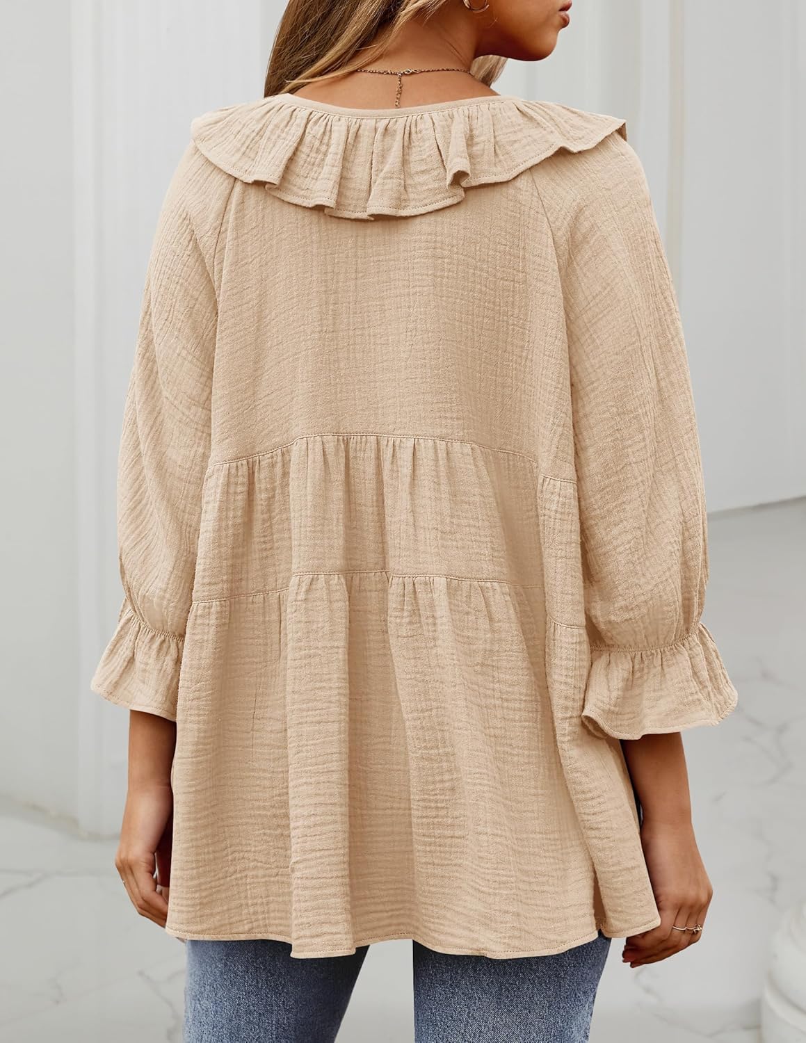 Women's 3/4 Sleeve Tie-Front Ruffled Babydoll Blouse (Buy 2 Free Shipping)