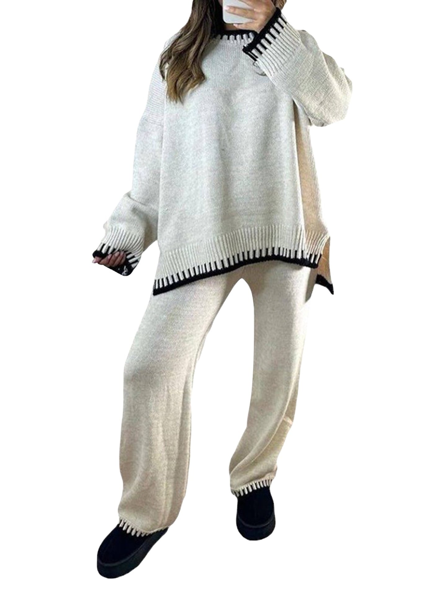 Women Pants Suit, Contrast Color Long Sleeve Sweater with Knit Pants