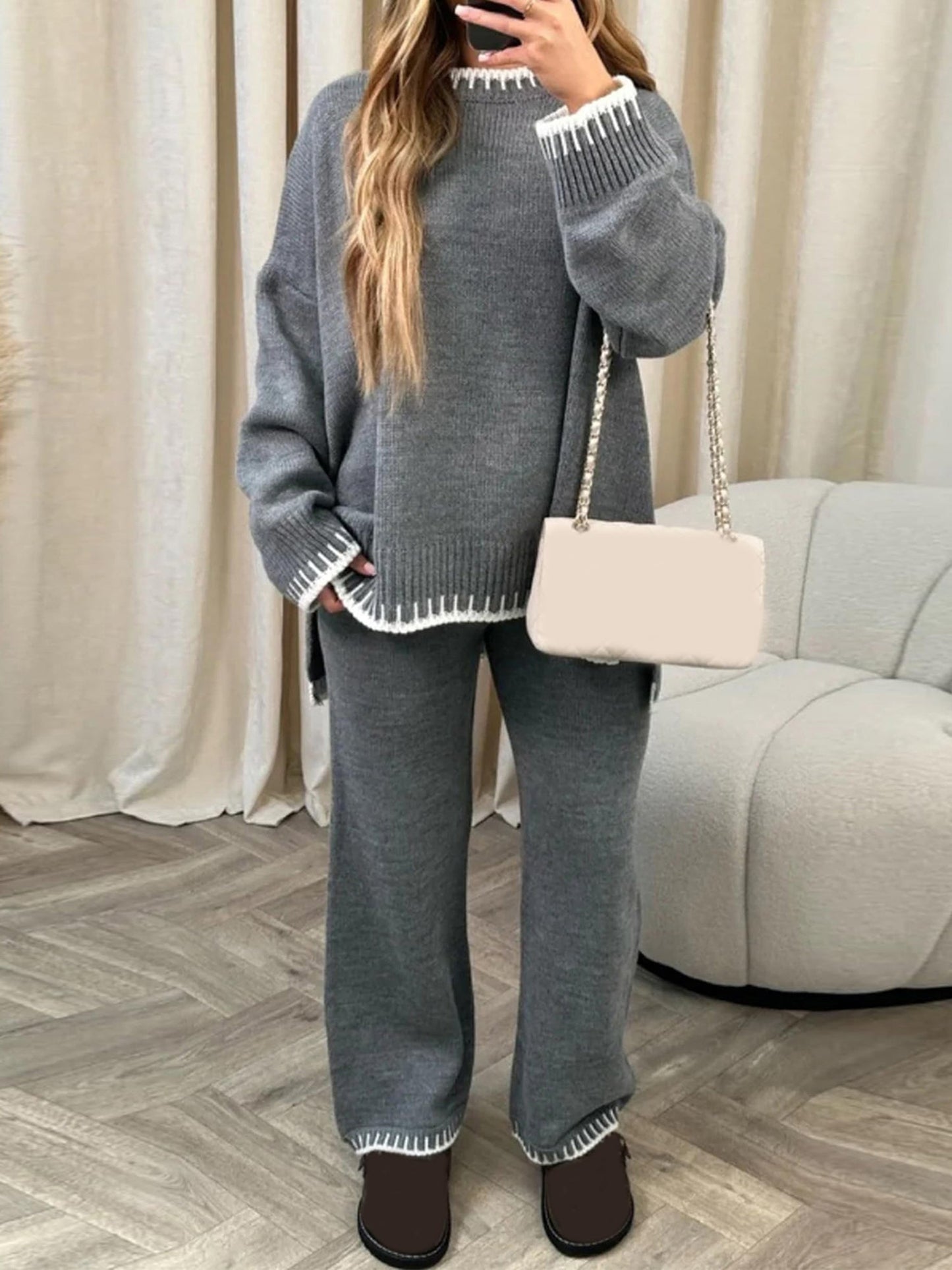 Women Pants Suit, Contrast Color Long Sleeve Sweater with Knit Pants