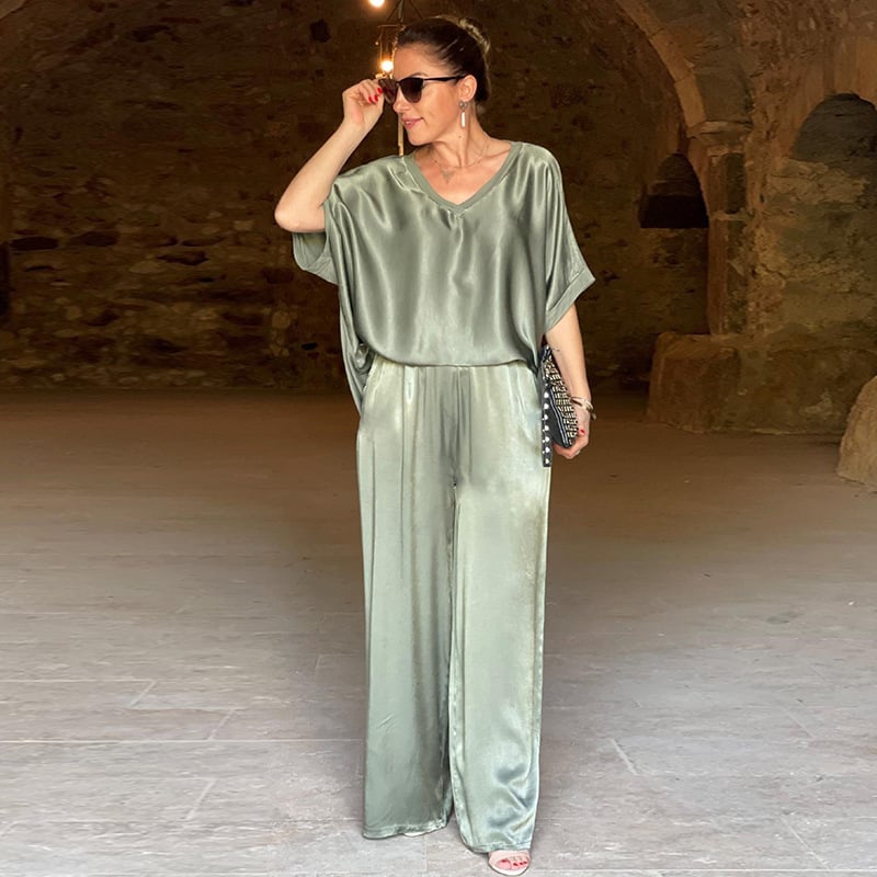 V-neck Satin Two-piece Suit
