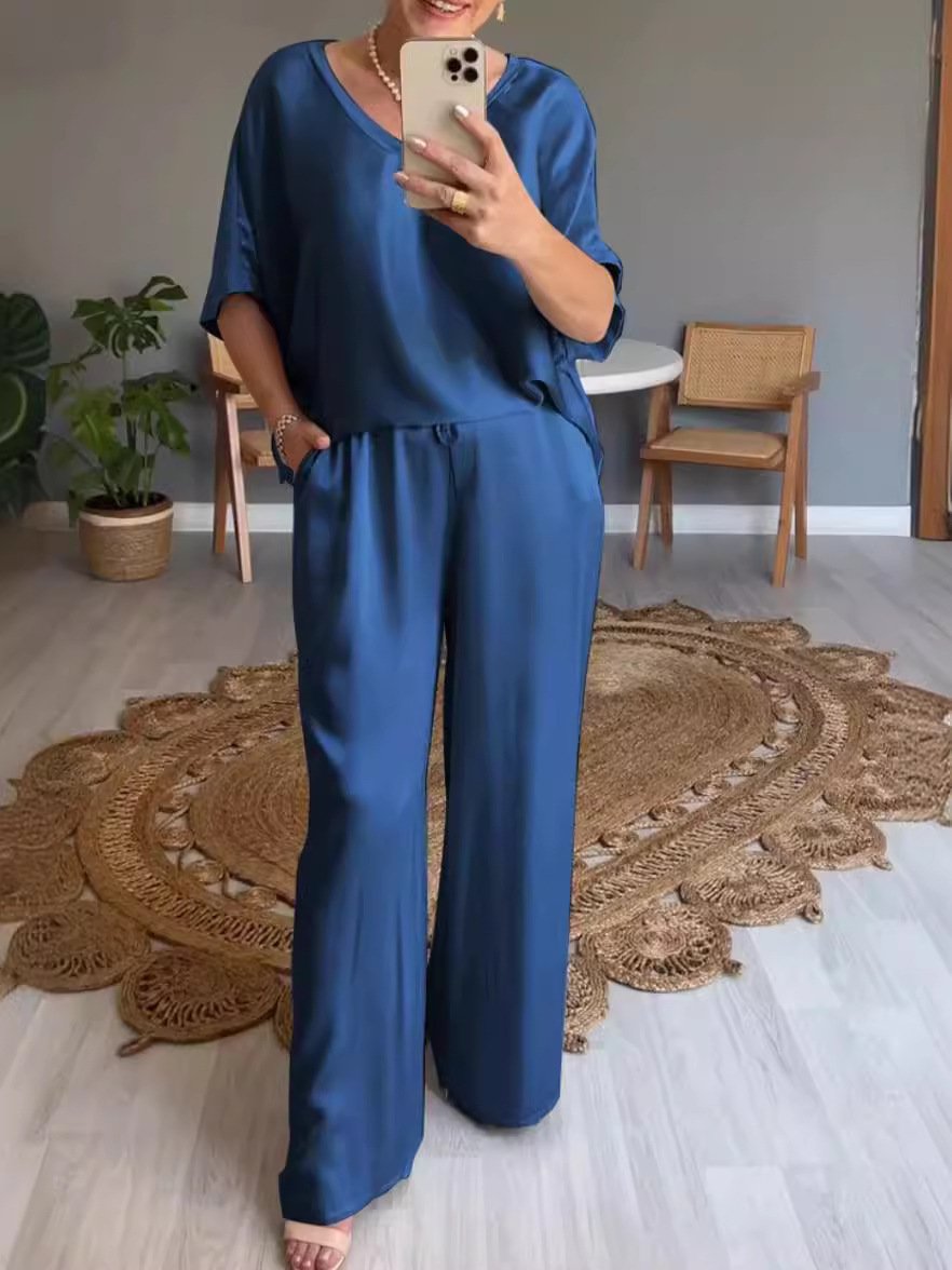 V-neck Satin Two-piece Suit