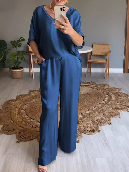 V-neck Satin Two-piece Suit