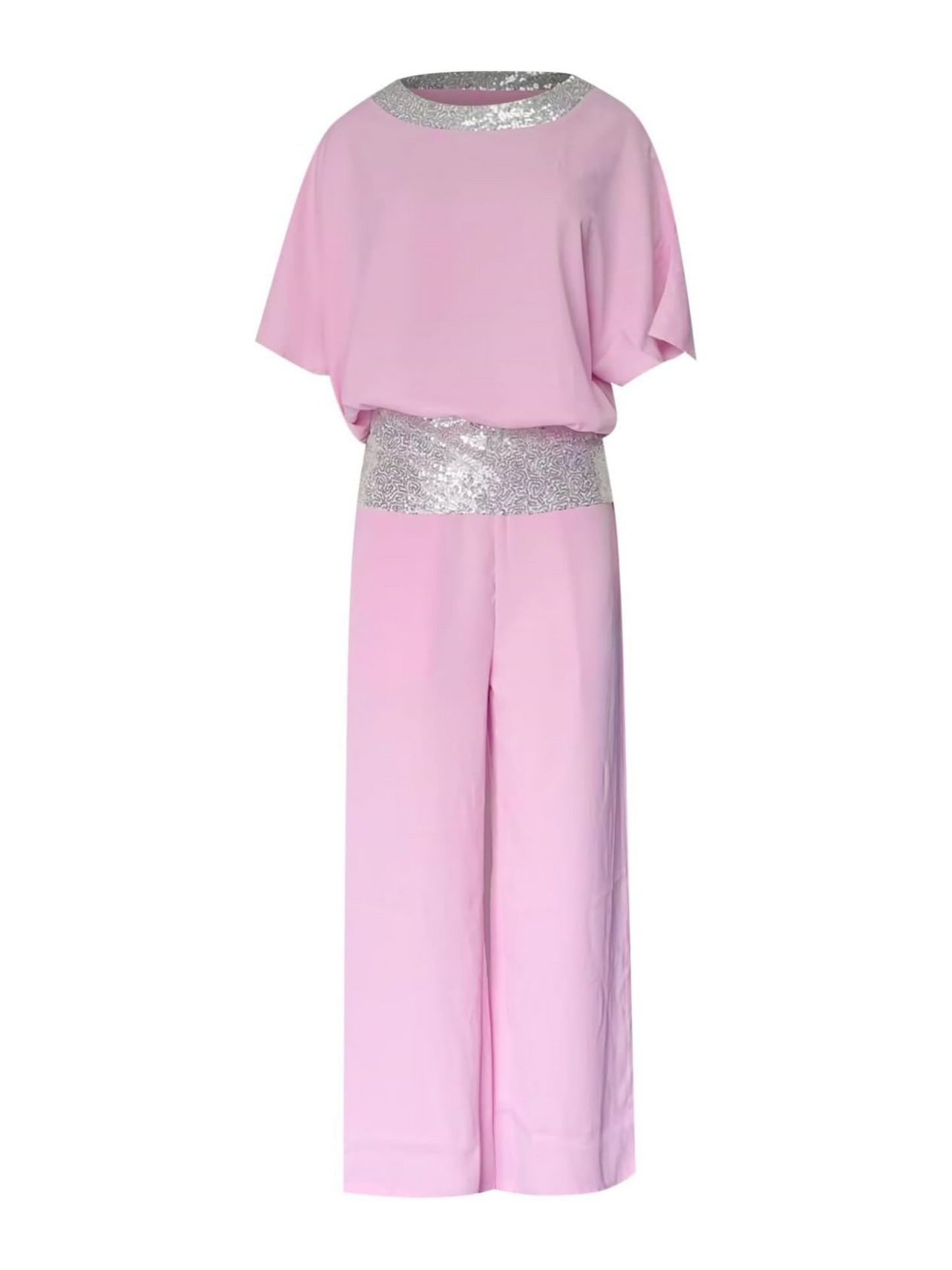 NEW🔥 Women's Round Neck Sequins Color Clash Bat Shirt Wide Leg Pants Set