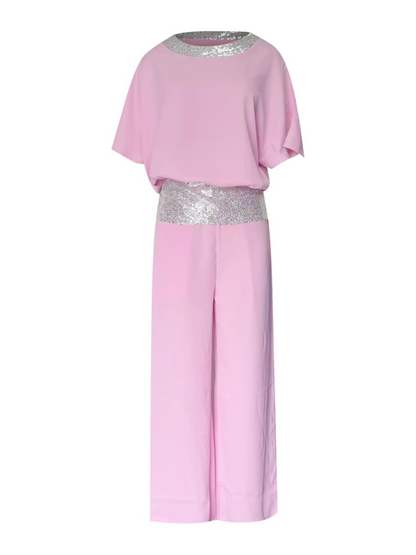 NEW🔥 Women's Round Neck Sequins Color Clash Bat Shirt Wide Leg Pants Set