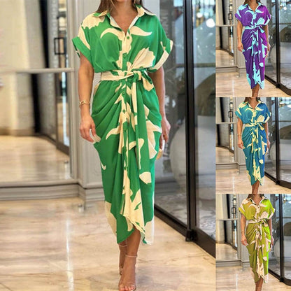 🔥Casual Lapel Neck Waist Print Shirt Dress🔥