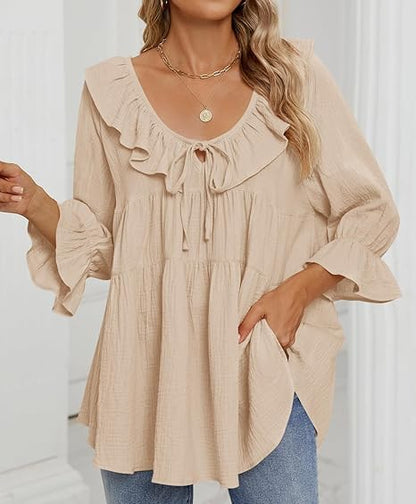 Women's 3/4 Sleeve Tie-Front Ruffled Babydoll Blouse (Buy 2 Free Shipping)