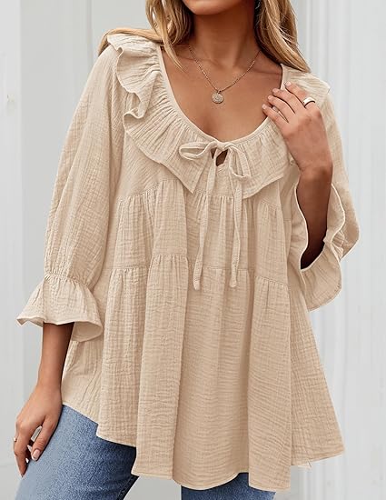 Women's 3/4 Sleeve Tie-Front Ruffled Babydoll Blouse (Buy 2 Free Shipping)