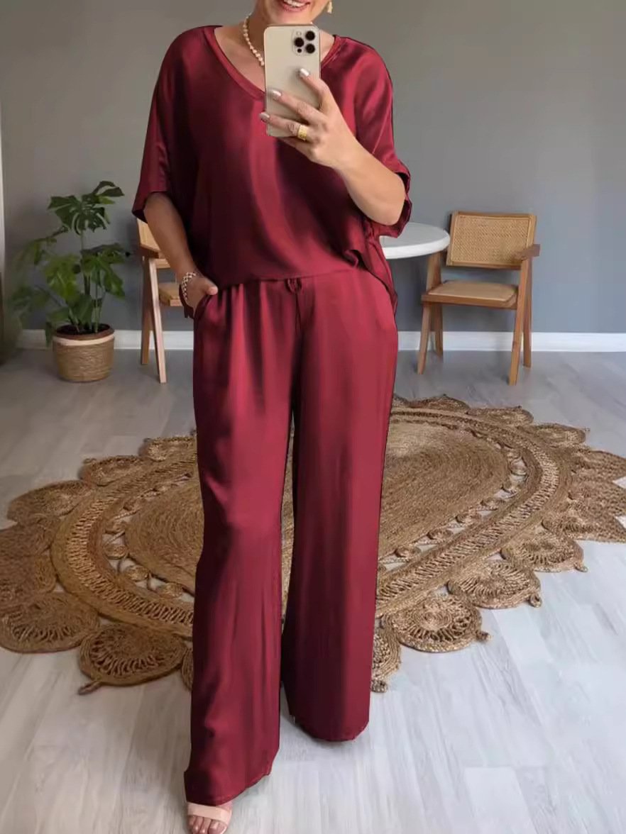 V-neck Satin Two-piece Suit