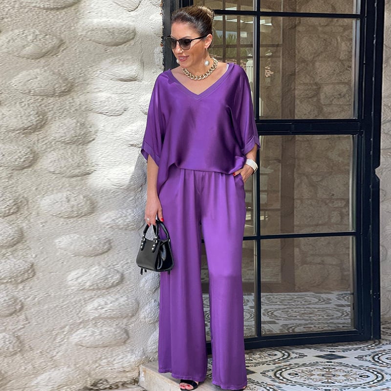 V-neck Satin Two-piece Suit