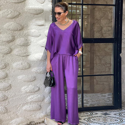 V-neck Satin Two-piece Suit