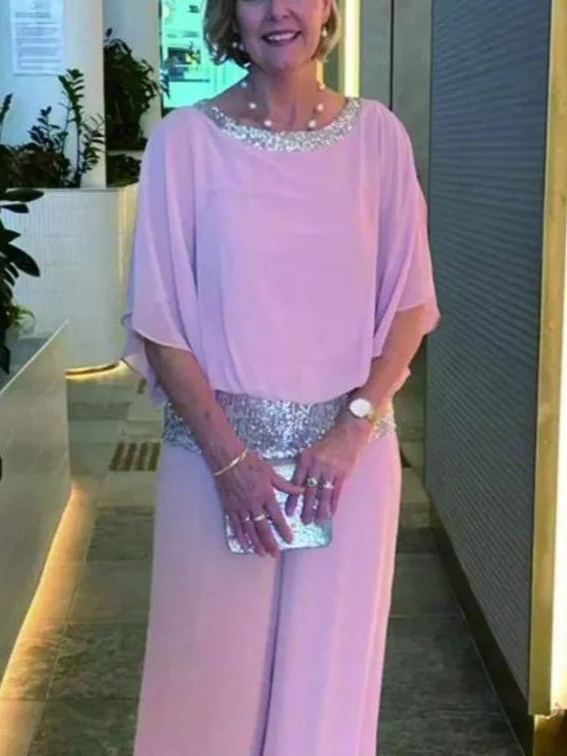NEW🔥 Women's Round Neck Sequins Color Clash Bat Shirt Wide Leg Pants Set