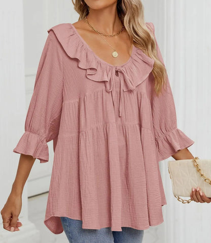 Women's 3/4 Sleeve Tie-Front Ruffled Babydoll Blouse (Buy 2 Free Shipping)