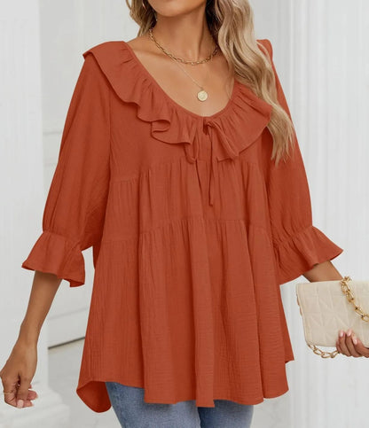 Women's 3/4 Sleeve Tie-Front Ruffled Babydoll Blouse (Buy 2 Free Shipping)