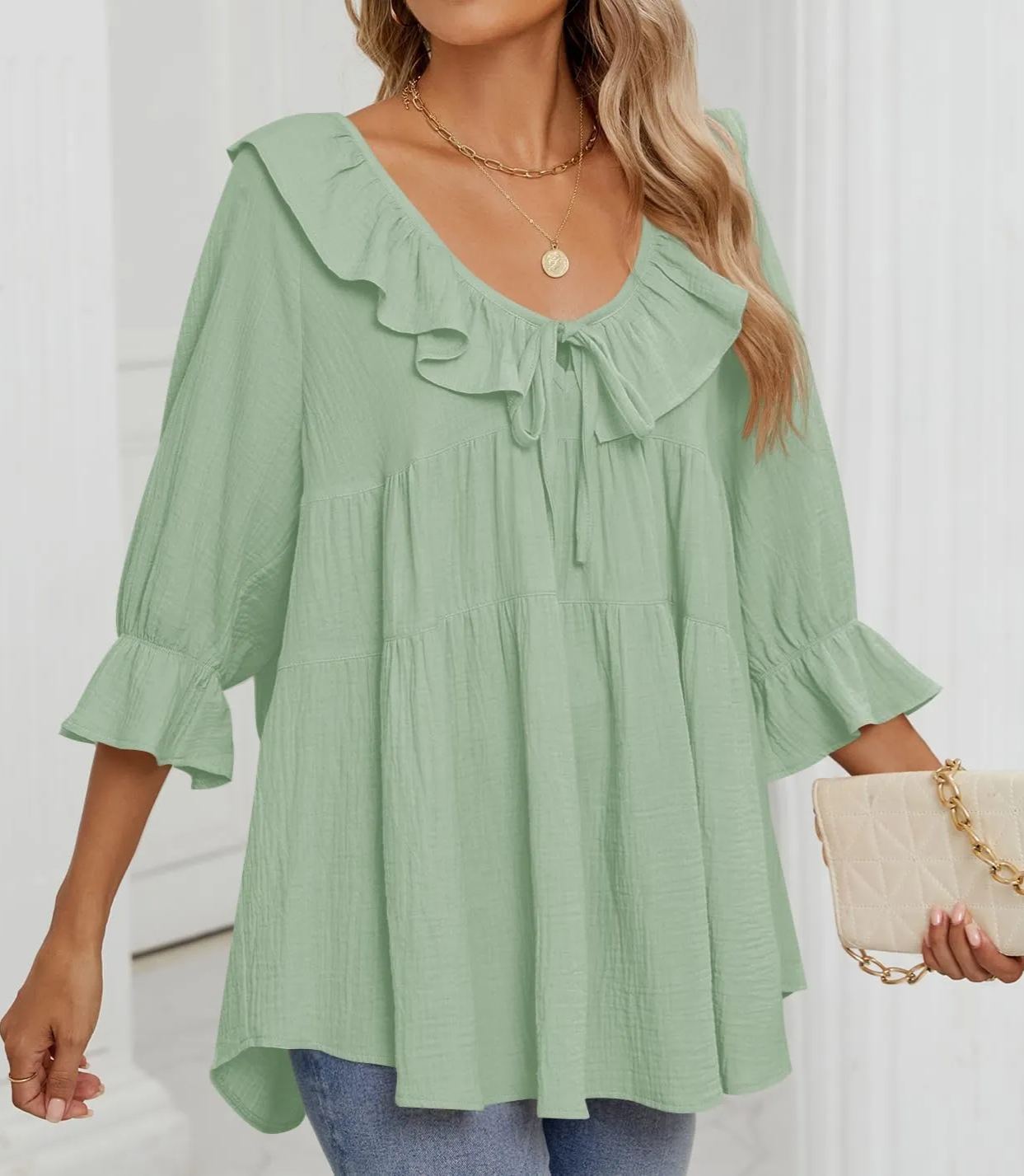 Women's 3/4 Sleeve Tie-Front Ruffled Babydoll Blouse (Buy 2 Free Shipping)