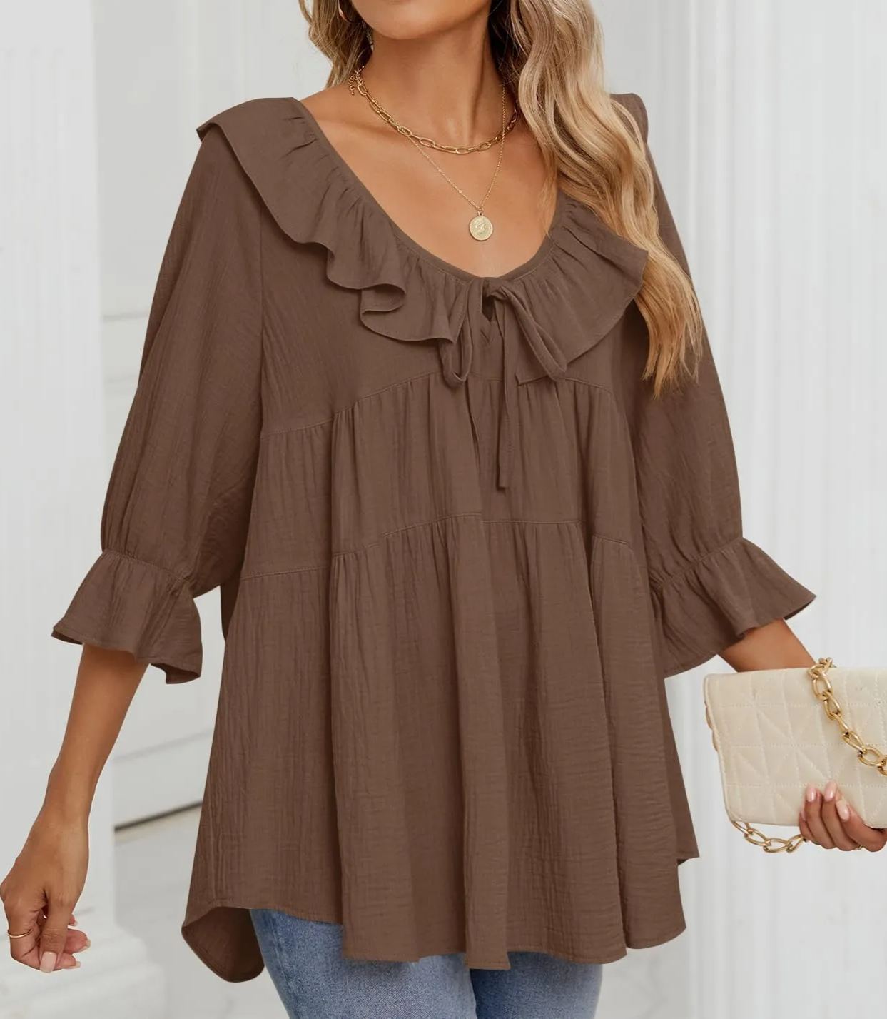Women's 3/4 Sleeve Tie-Front Ruffled Babydoll Blouse (Buy 2 Free Shipping)