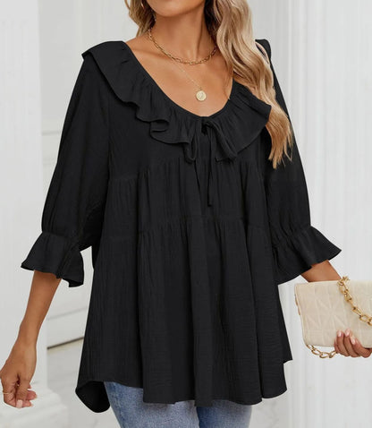 Women's 3/4 Sleeve Tie-Front Ruffled Babydoll Blouse (Buy 2 Free Shipping)