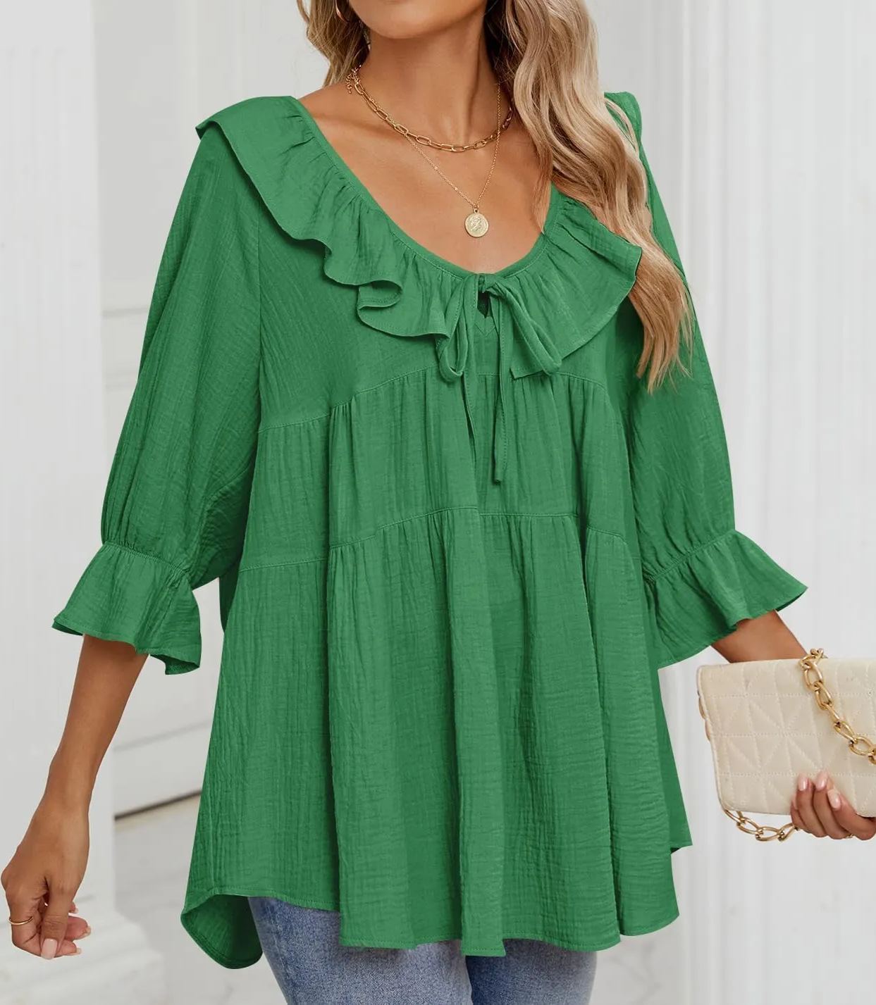 Women's 3/4 Sleeve Tie-Front Ruffled Babydoll Blouse (Buy 2 Free Shipping)