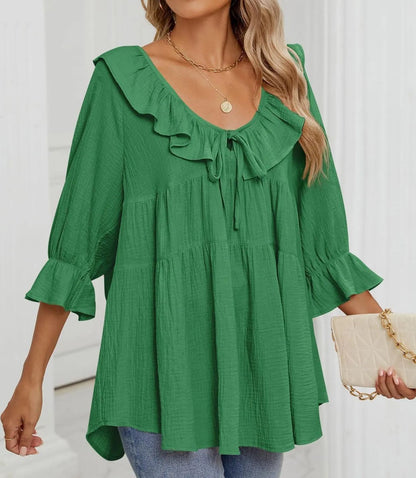 Women's 3/4 Sleeve Tie-Front Ruffled Babydoll Blouse (Buy 2 Free Shipping)