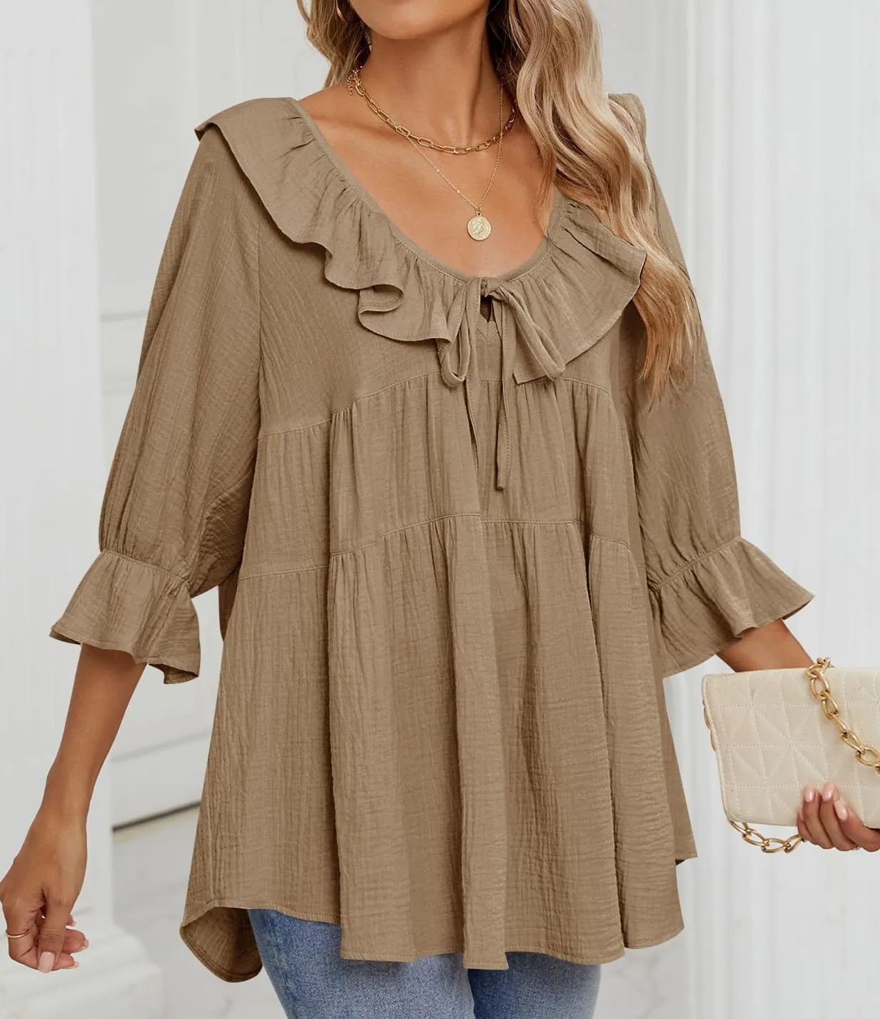 Women's 3/4 Sleeve Tie-Front Ruffled Babydoll Blouse (Buy 2 Free Shipping)
