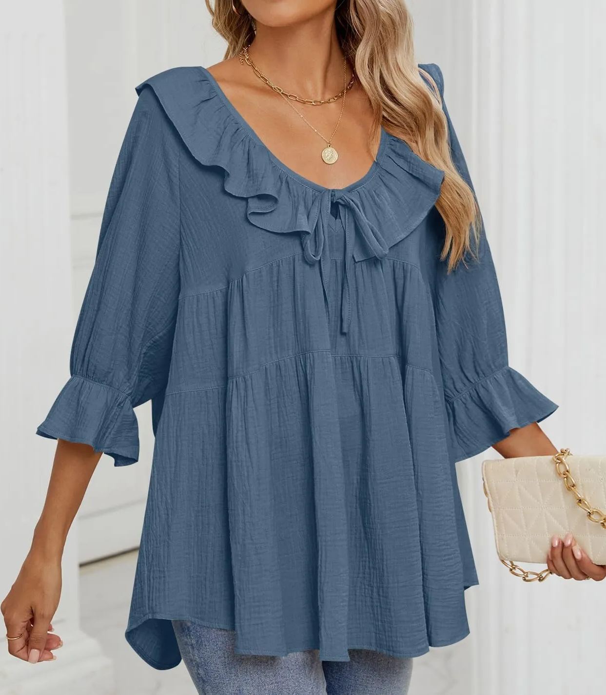 Women's 3/4 Sleeve Tie-Front Ruffled Babydoll Blouse (Buy 2 Free Shipping)