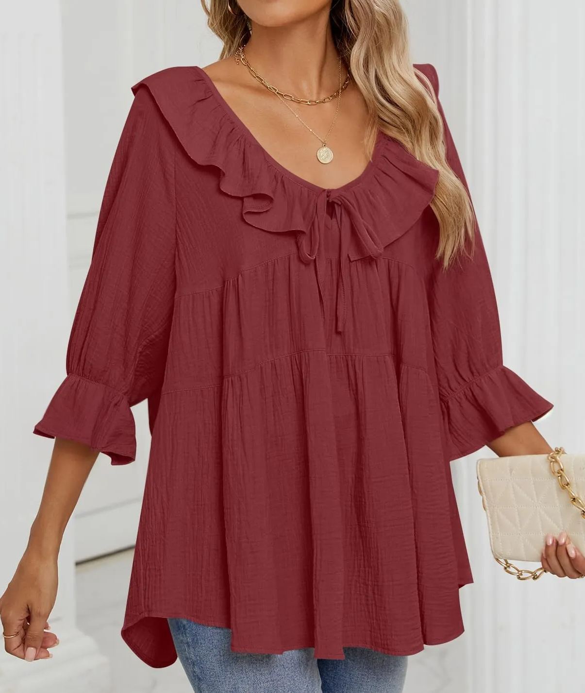 Women's 3/4 Sleeve Tie-Front Ruffled Babydoll Blouse (Buy 2 Free Shipping)