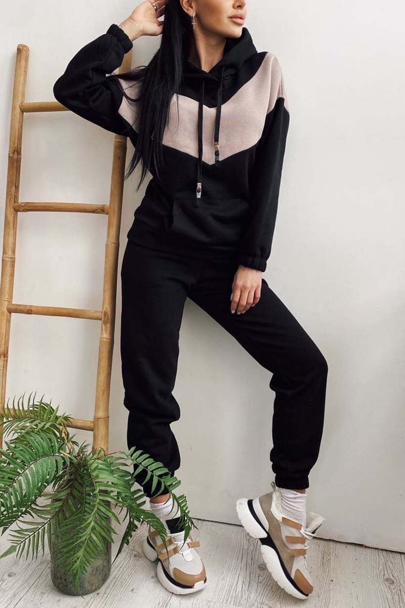 Women's Athleisure Contrast Color Sweatshirt Hooded Suit